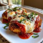 Two servings of crispy chicken parmesan recipe topped with melted mozzarella, marinara sauce, and fresh basil.