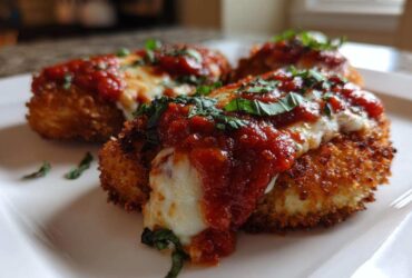 Three golden-brown pieces of chicken parmesan recipe topped with melted mozzarella, marinara sauce, and fresh basil.