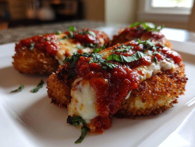 Three golden-brown pieces of chicken parmesan recipe topped with melted mozzarella, marinara sauce, and fresh basil.