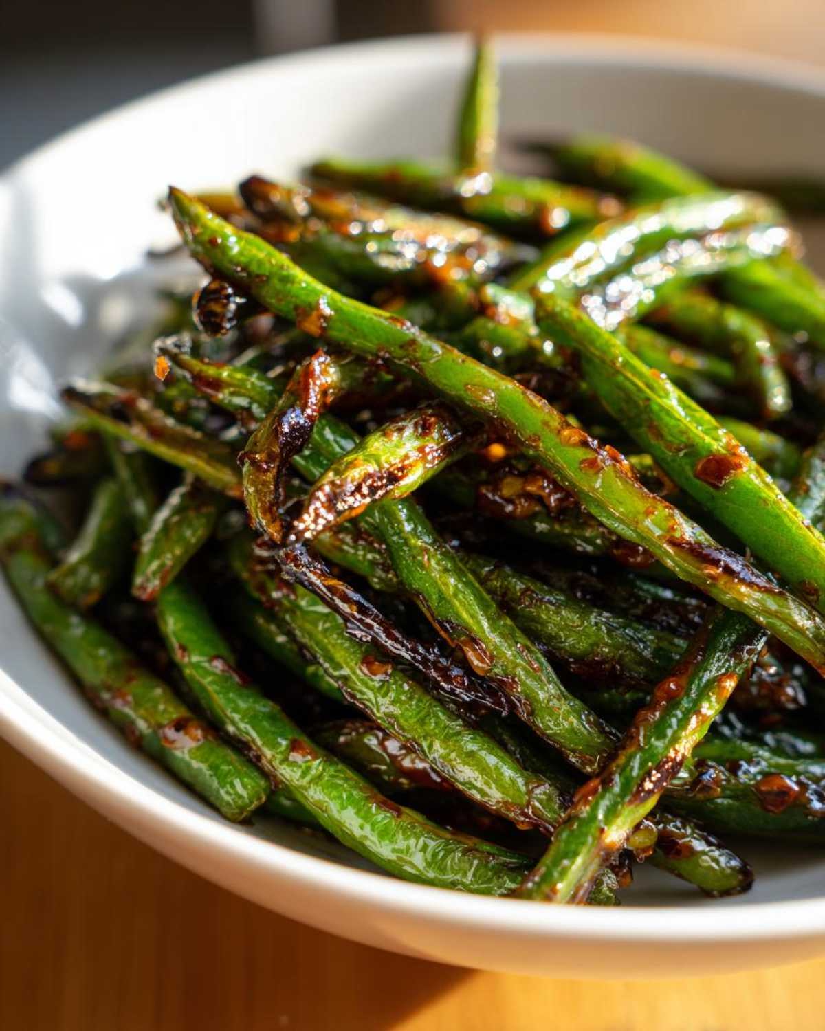 Close-up of vibrant, blistered chinese green beans with garlic sauce piled high in a white bowl.