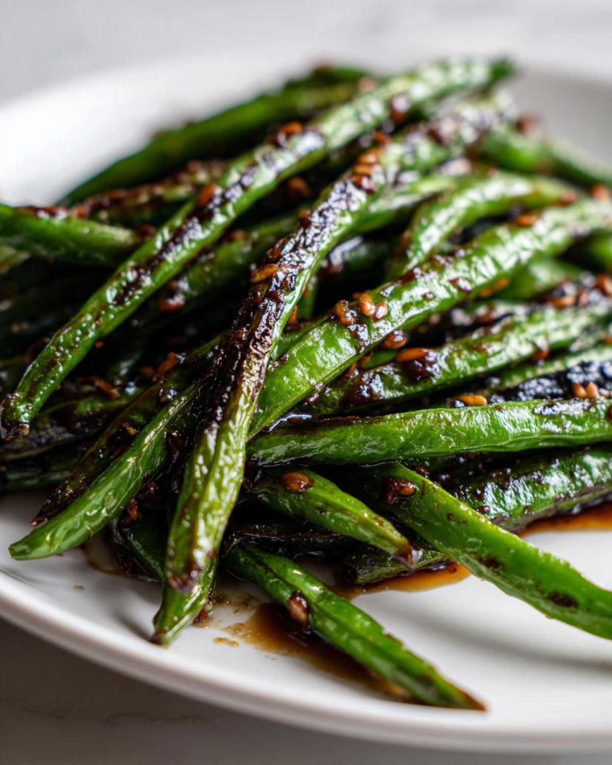 A close-up of vibrant green beans coated in a dark, glossy garlic sauce, ready to serve.