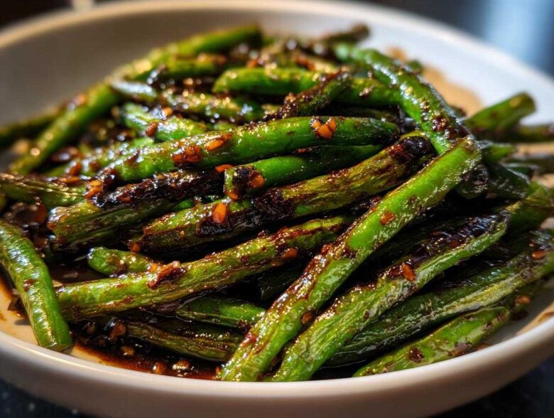 A close-up of vibrant green beans coated in a dark, glossy garlic sauce, ready to serve.