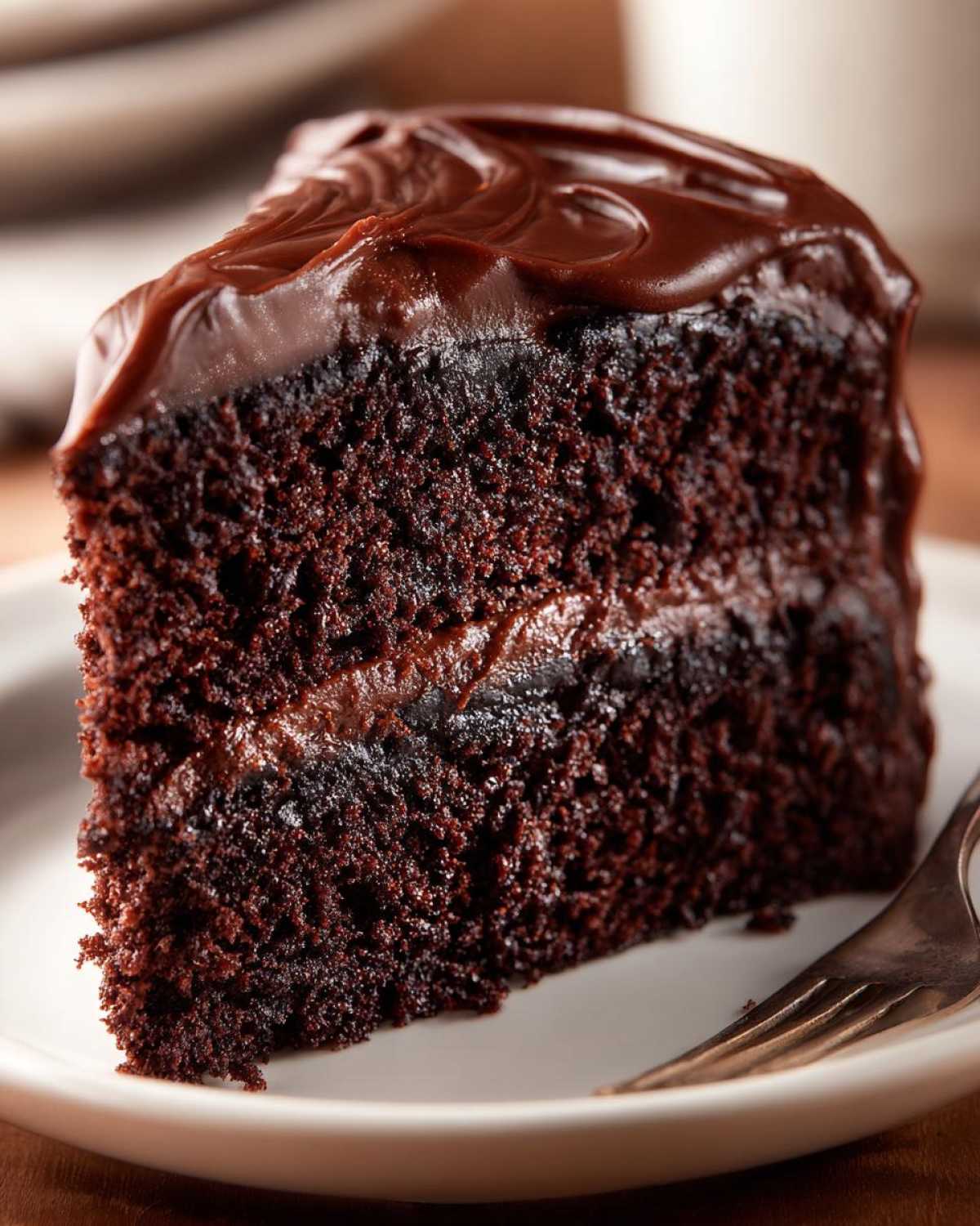 Close-up of a moist slice from the chocolate cake recipe, featuring dark layers and glossy chocolate frosting.