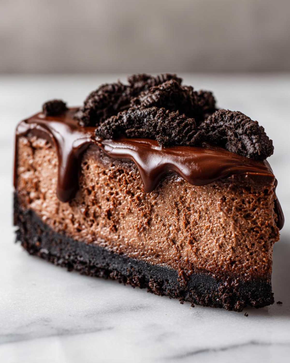 Close-up of a rich slice of chocolate cheesecake with a dark chocolate ganache drip and crushed cookies on top.