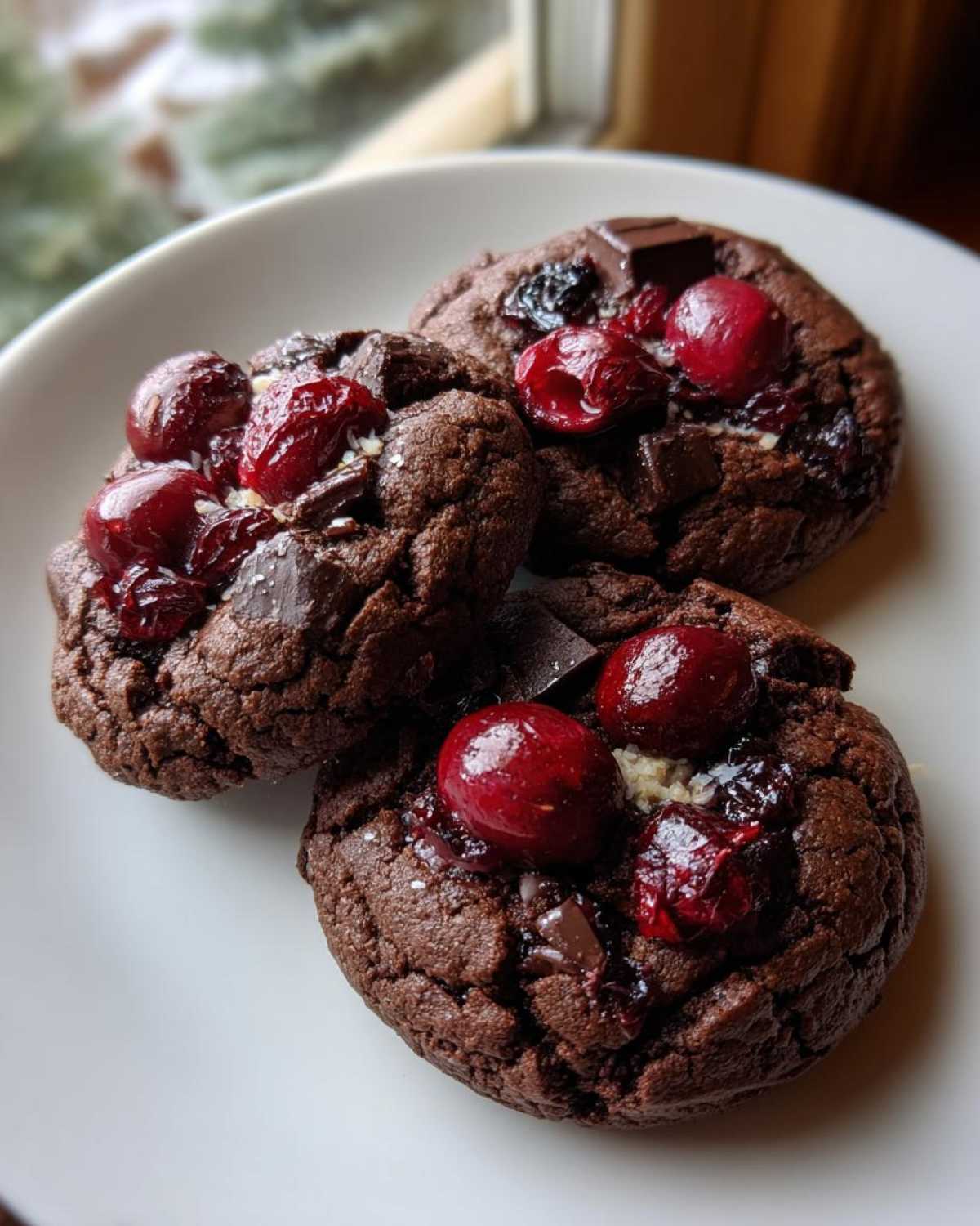Three decadent chocolate cherry cookies topped with whole cherries and chocolate chunks, resting on a white plate.