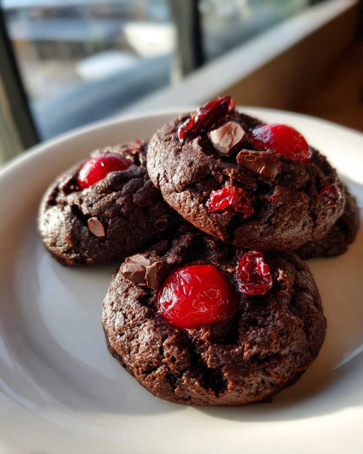 Close-up of three rich chocolate cherry cookies topped with bright red maraschino cherries and chocolate chunks.