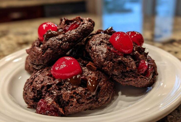 A stack of dark, rich chocolate cherry cookies topped with bright red maraschino cherries and melted chocolate chunks.