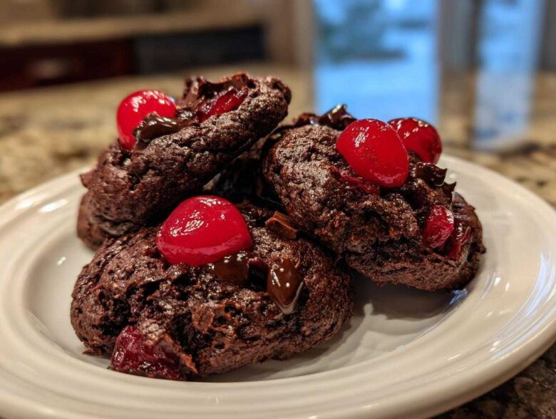 A stack of dark, rich chocolate cherry cookies topped with bright red maraschino cherries and melted chocolate chunks.