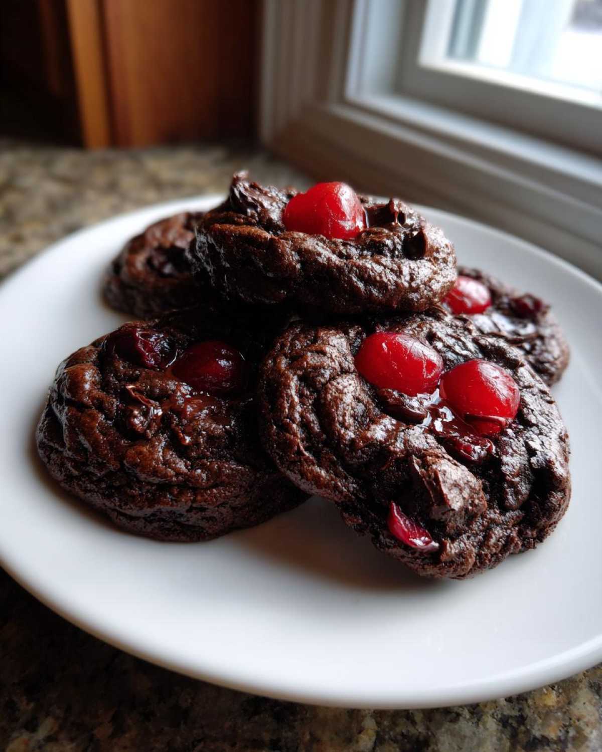 A small stack of rich, dark chocolate cherry cookies topped with bright red maraschino cherries on a white plate.