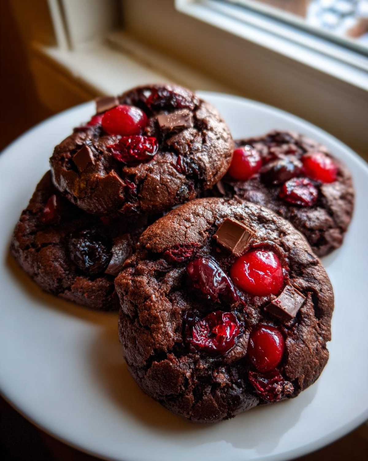 Close-up of four rich chocolate cherry cookies topped with bright red cherries and chocolate chunks on a white plate.