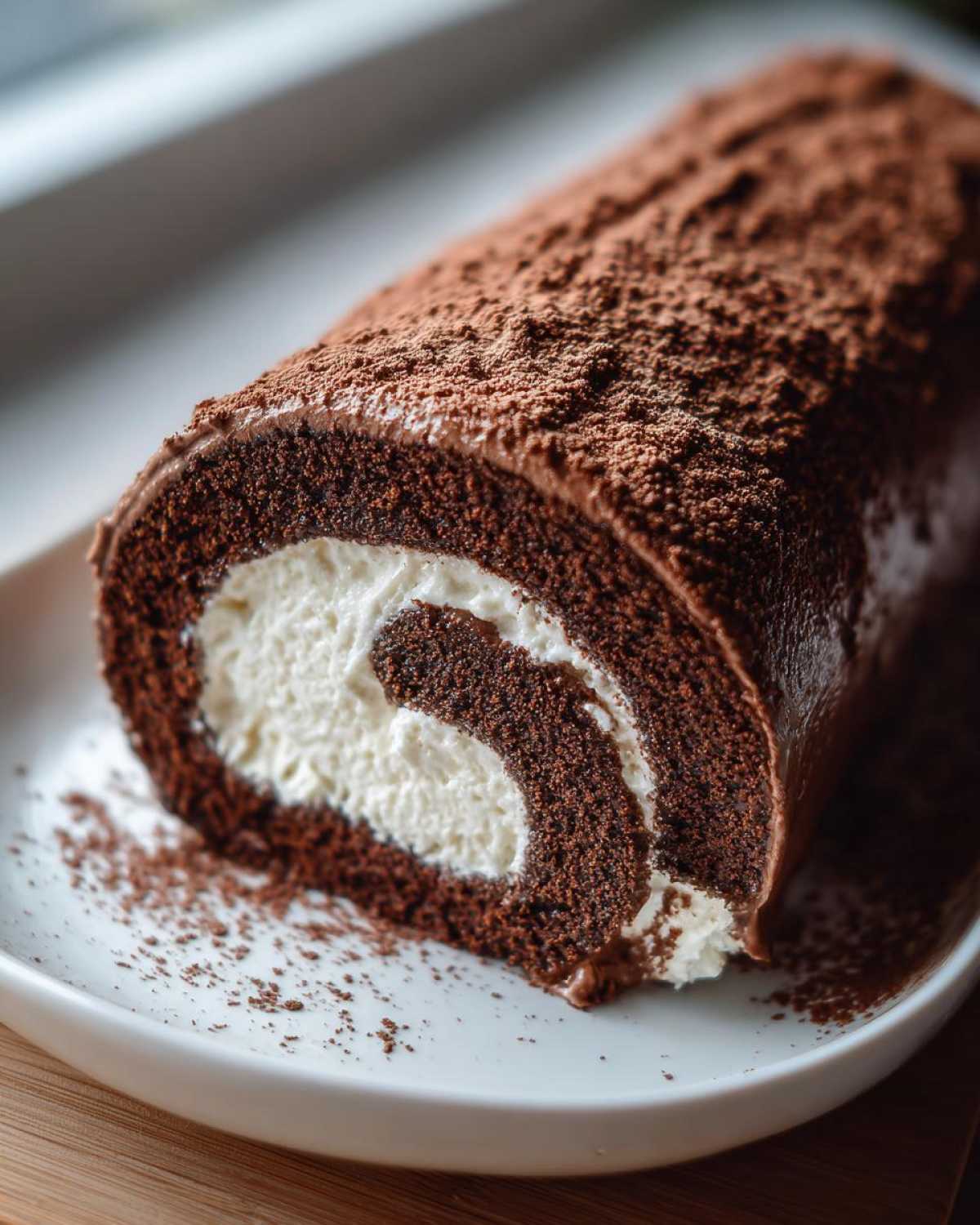 A close-up of a rich chocolate yule log cake rolled with white cream filling, dusted heavily with cocoa powder.