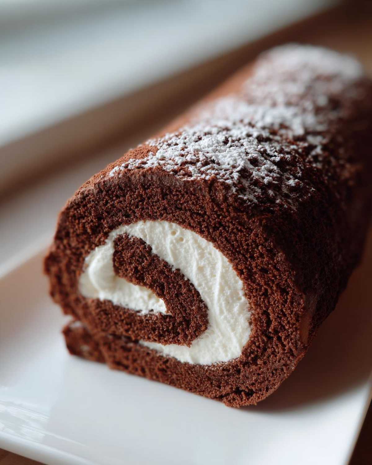 A close-up of a freshly made chocolate yule log cake roll filled with white cream and dusted with powdered sugar.