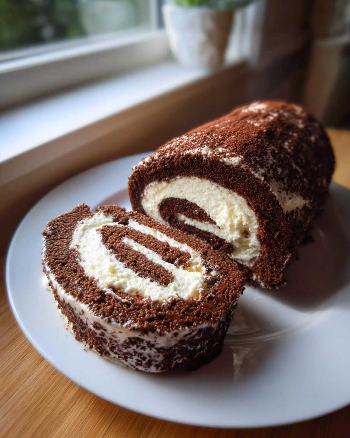 A slice and portion of a chocolate yule log cake filled with white cream, dusted with cocoa powder.
