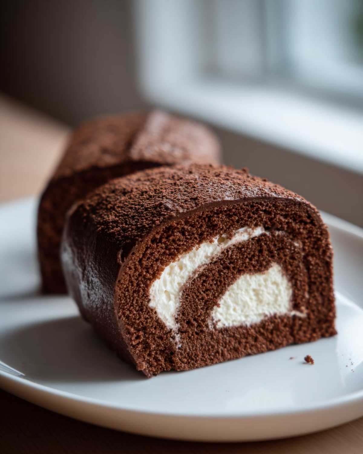 Close-up of a slice of chocolate yule log cake showing the dark sponge rolled around white cream filling.