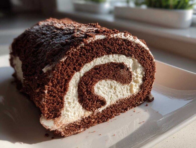 A close-up, cross-section view of a chocolate yule log cake showing the dark sponge and white cream swirl, dusted with cocoa.