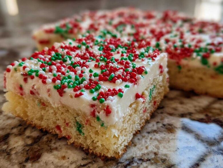 A close-up of a square christmas sugar cookie bars slice topped with thick white frosting and red and green sprinkles.
