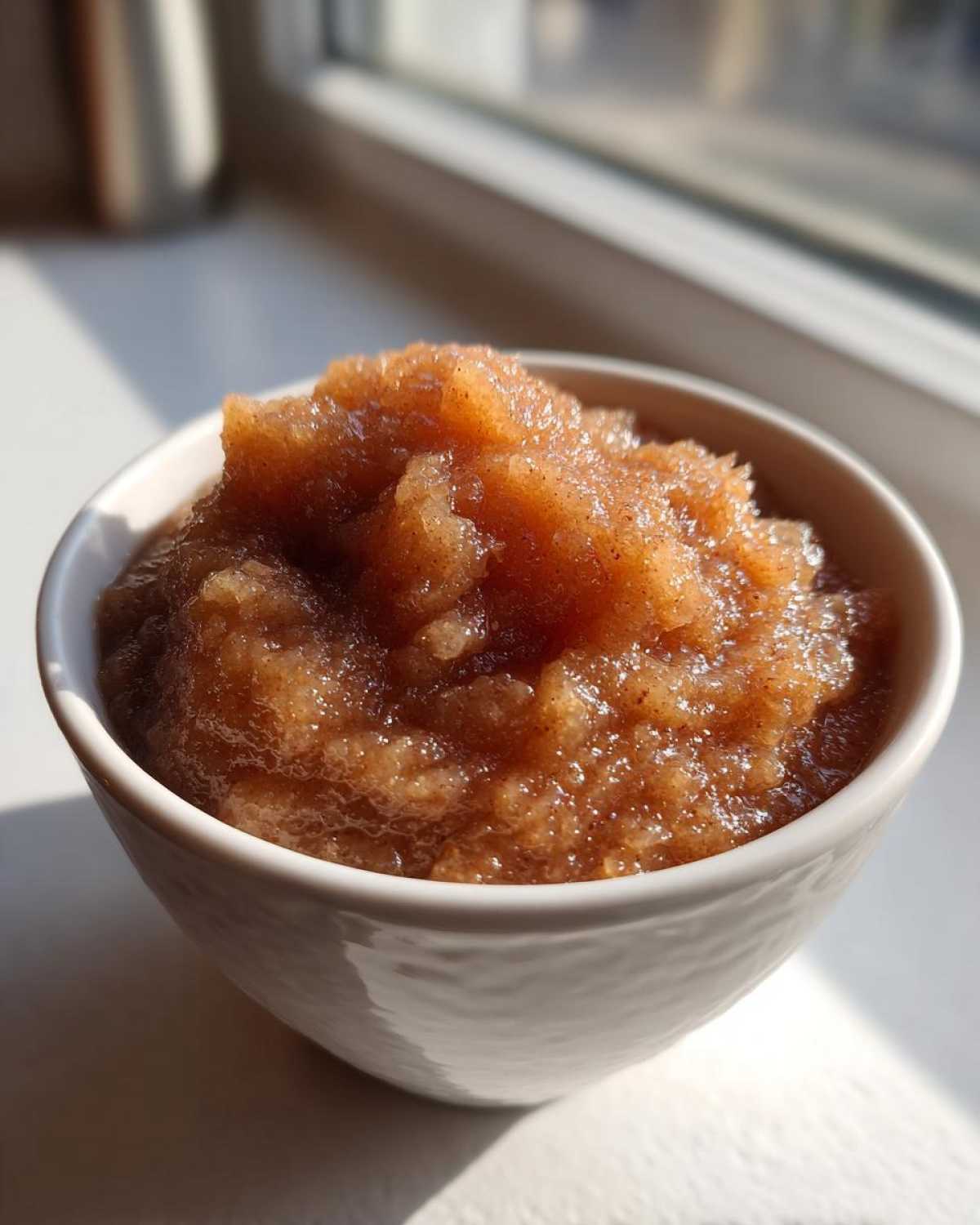 Close-up of chunky, spiced applesauce piled high in a textured white bowl, illuminated by sunlight.