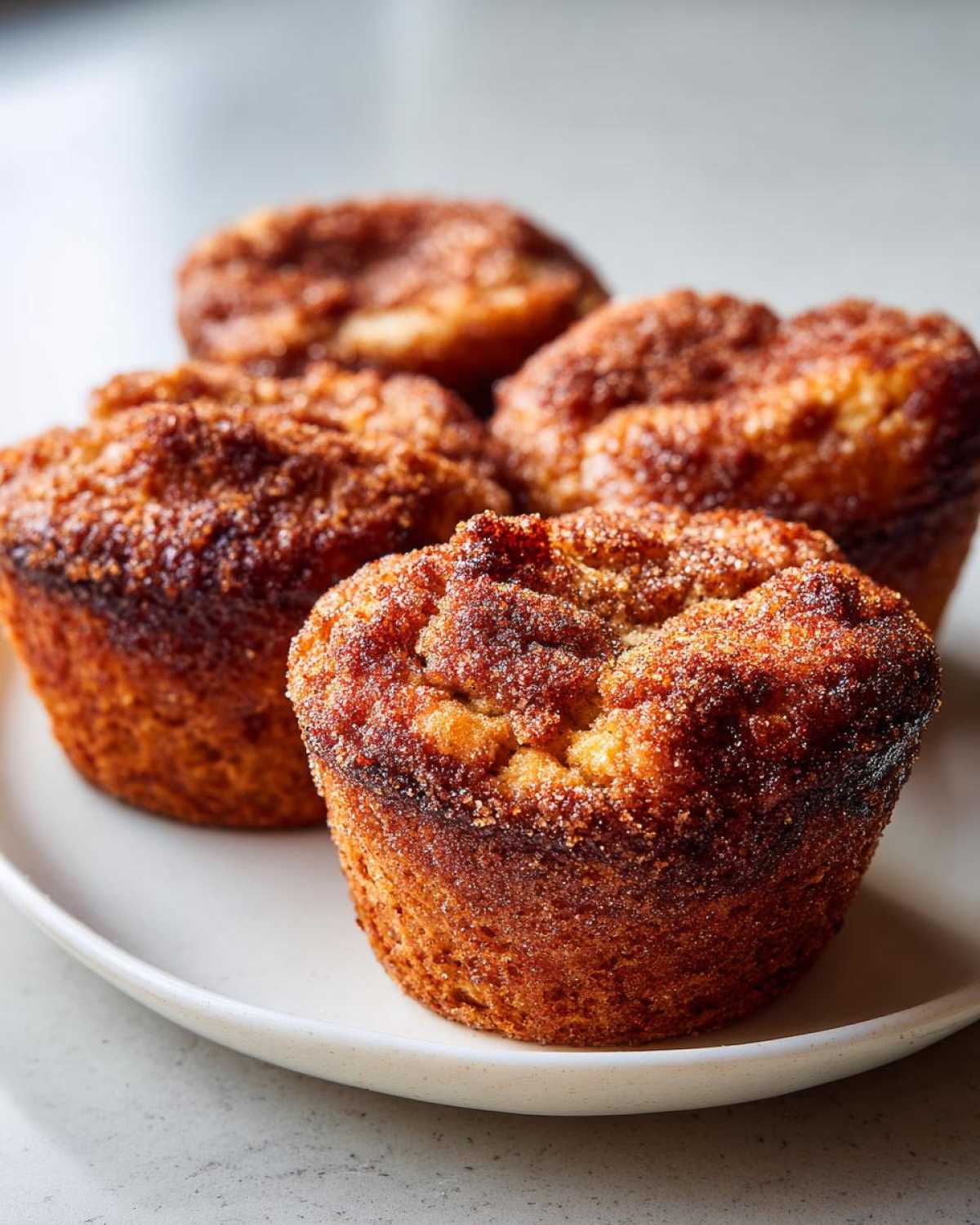 Four golden brown cinnamon sugar french toast muffins stacked on a light plate, featuring a crunchy cinnamon topping.