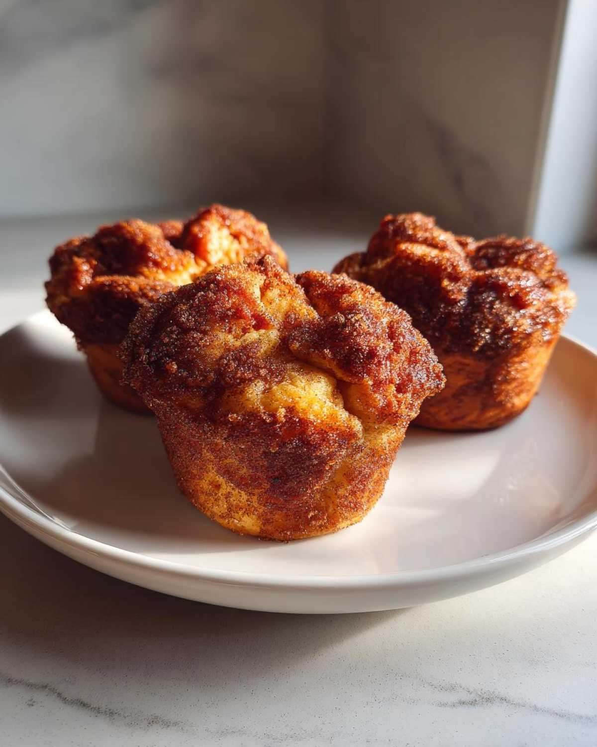 Three golden brown cinnamon sugar french toast muffins heavily coated in cinnamon sugar, resting on a white plate.