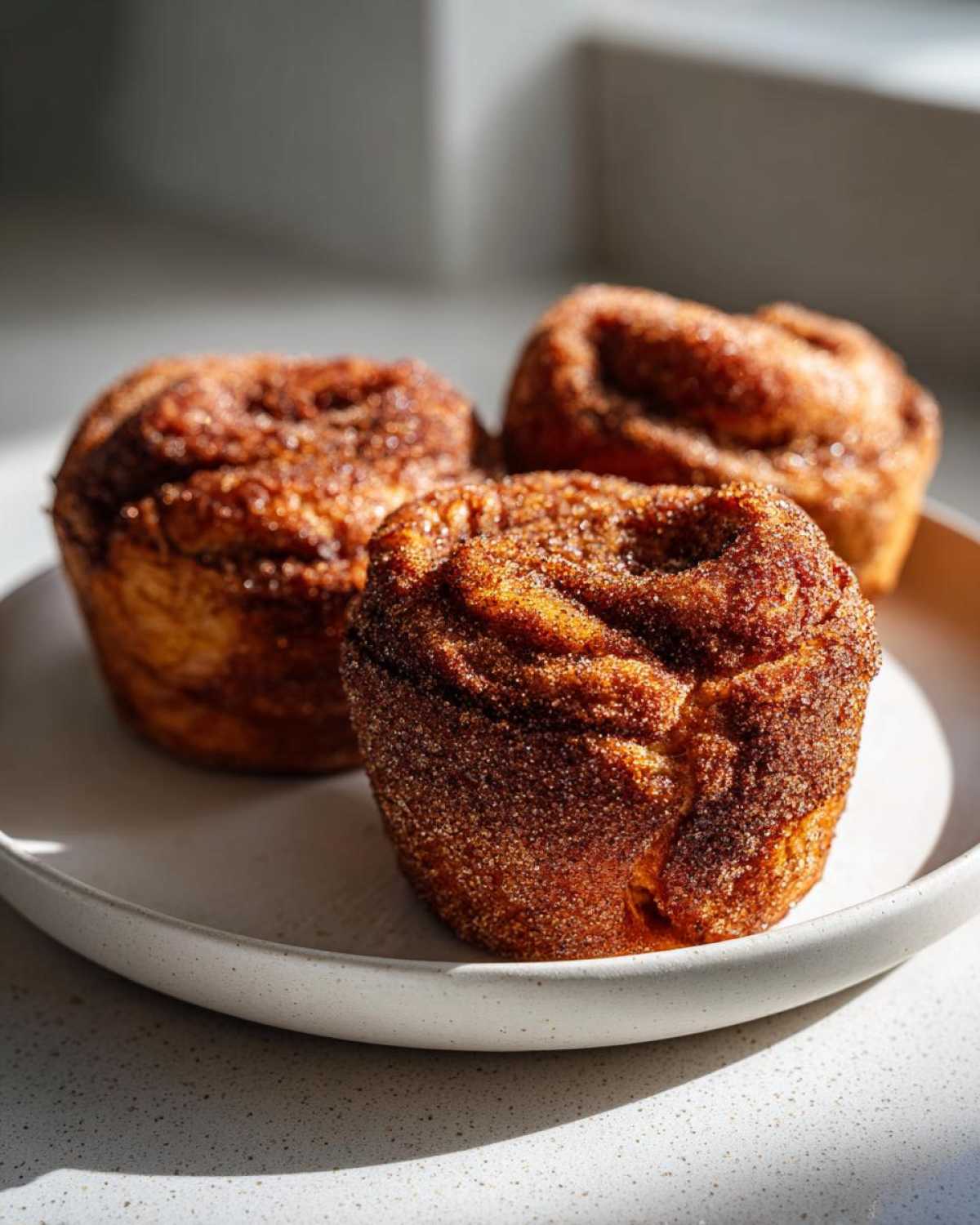 Three freshly baked cinnamon sugar french toast muffins coated in sparkling cinnamon sugar on a light plate.