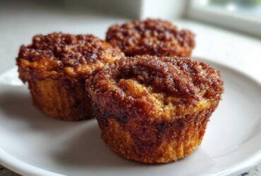 Close-up of three golden brown cinnamon sugar french toast muffins dusted generously with sparkling cinnamon sugar.