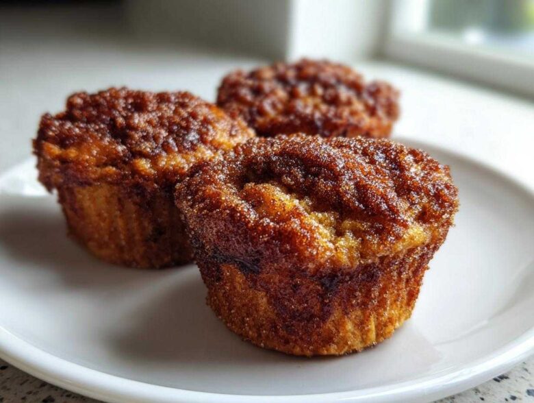 Close-up of three golden brown cinnamon sugar french toast muffins dusted generously with sparkling cinnamon sugar.