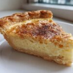 A perfect slice of classic custard pie with a golden crust and cinnamon topping on a white plate.