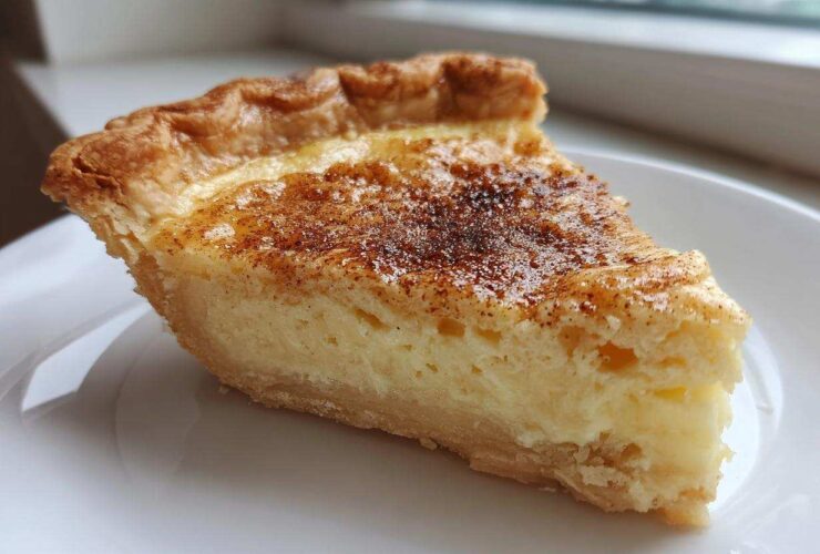 A perfect slice of classic custard pie with a golden crust and cinnamon topping on a white plate.