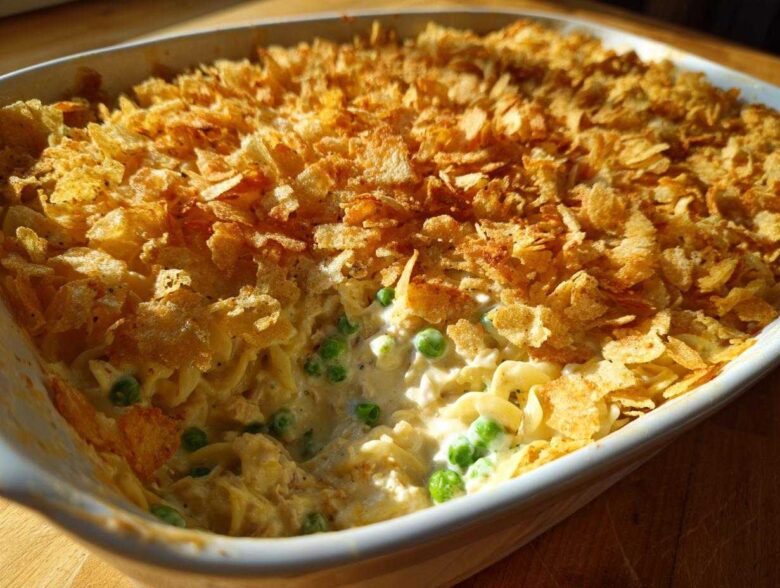 Close-up of creamy Tuna Casserole with egg noodles, peas, and a golden, crispy potato chip topping.