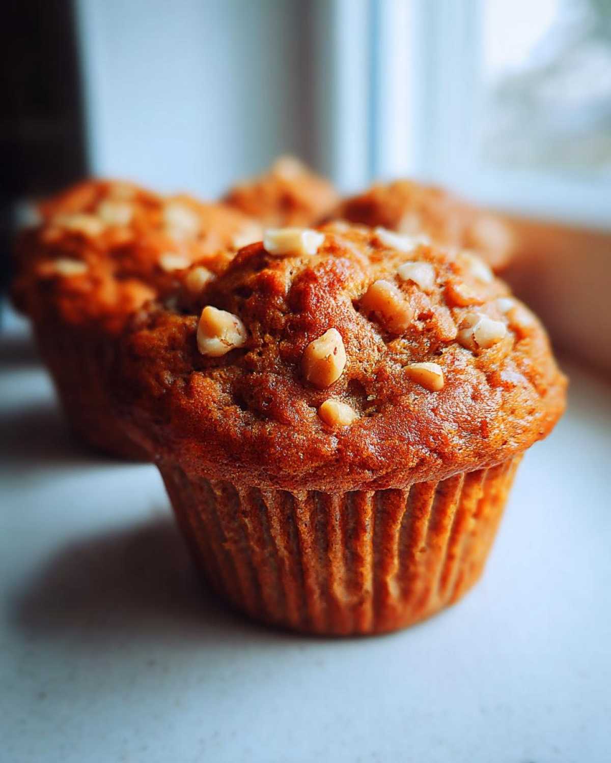 A close-up, shallow depth-of-field photo of a freshly baked banana nut muffin topped with chopped nuts.