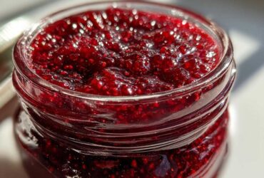 Close-up of thick, glistening homemade raspberry jam filling a small glass jar, showing texture and seeds.