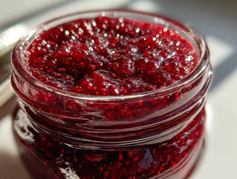Close-up of thick, glistening homemade raspberry jam filling a small glass jar, showing texture and seeds.