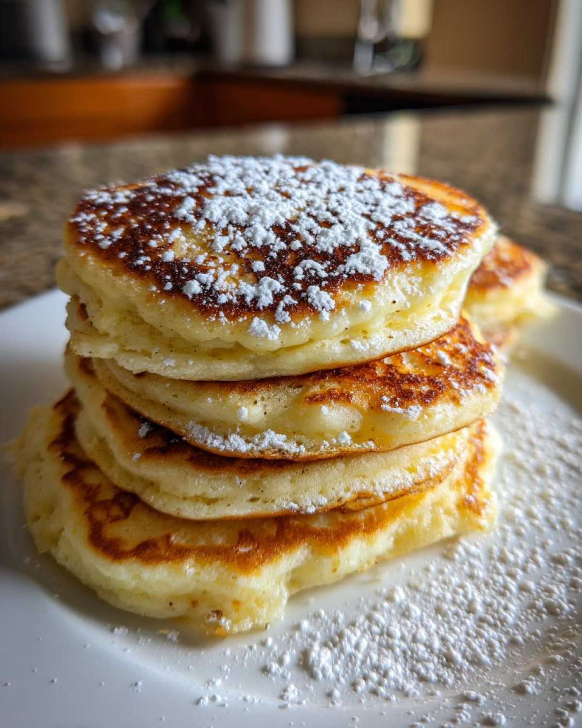 A tall stack of golden brown coconut flour pancakes dusted generously with powdered sugar on a white plate.
