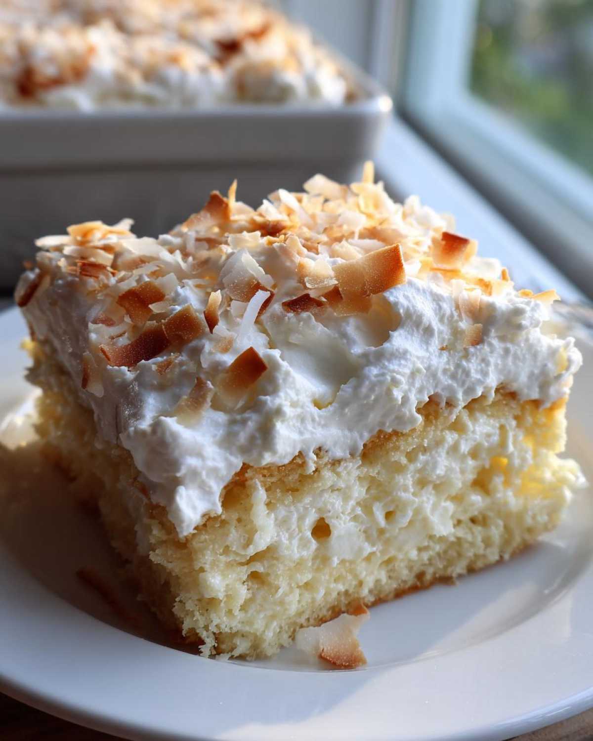 A moist slice of coconut poke cake topped with whipped cream and toasted coconut flakes.