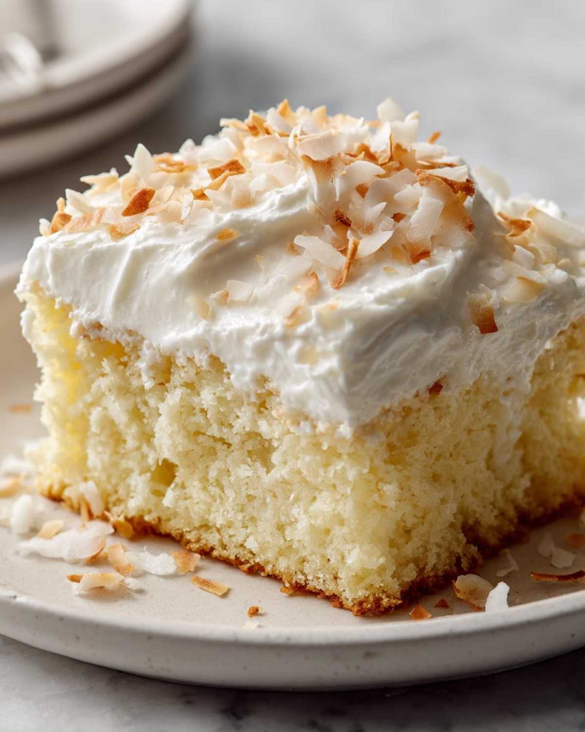 Close-up of a moist slice of coconut poke cake topped with whipped cream and toasted coconut flakes.