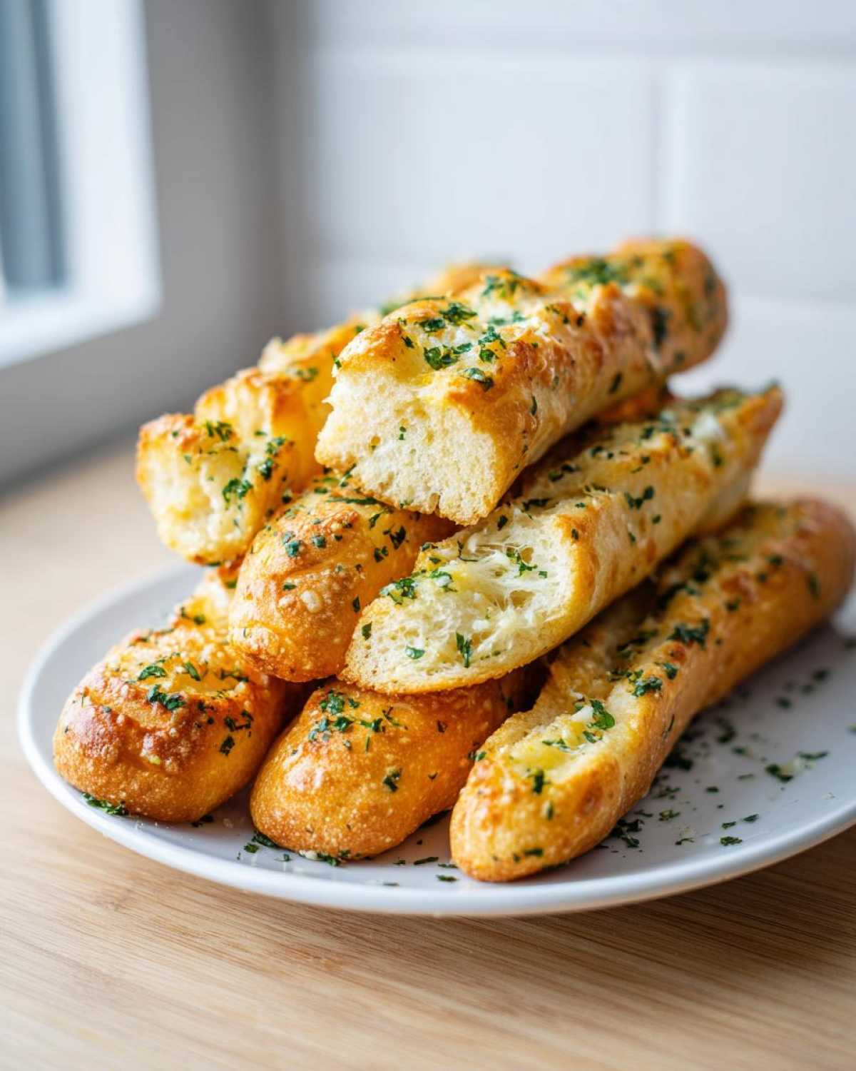 A stack of golden, buttery copycat breadsticks topped with chopped fresh parsley on a white plate.