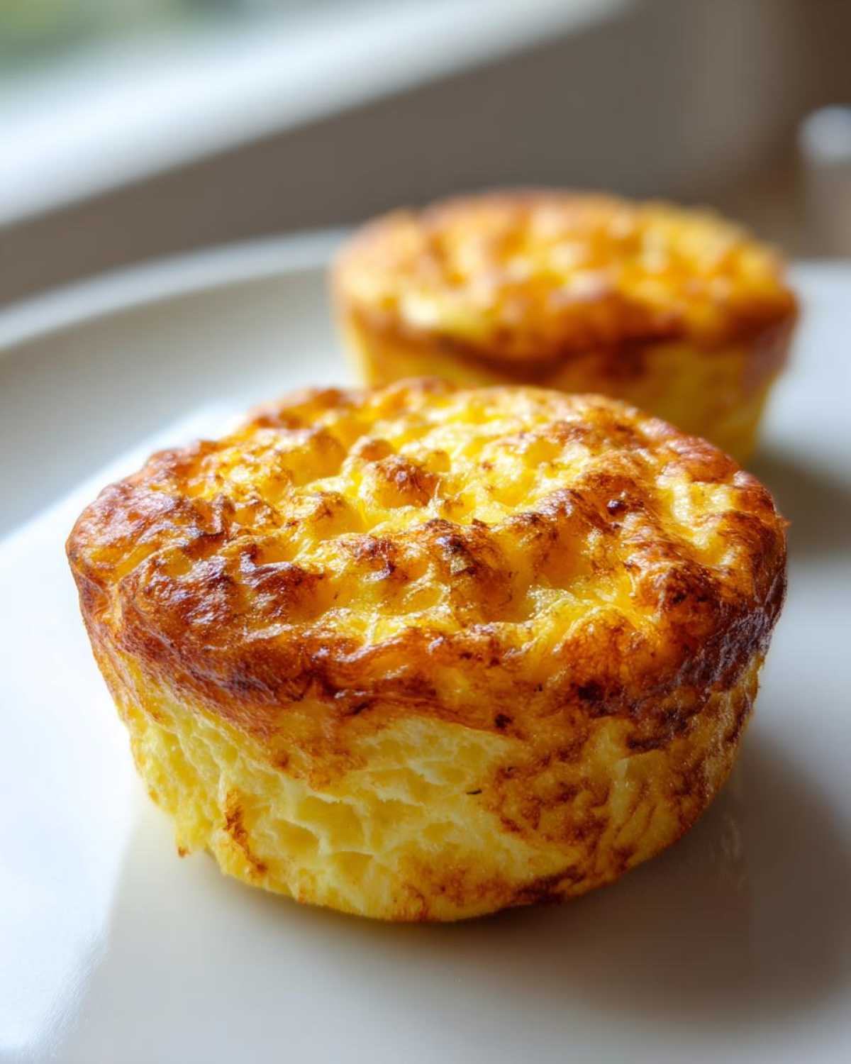 Close-up of two perfectly baked cottage cheese egg cups with a golden brown, slightly crispy top.
