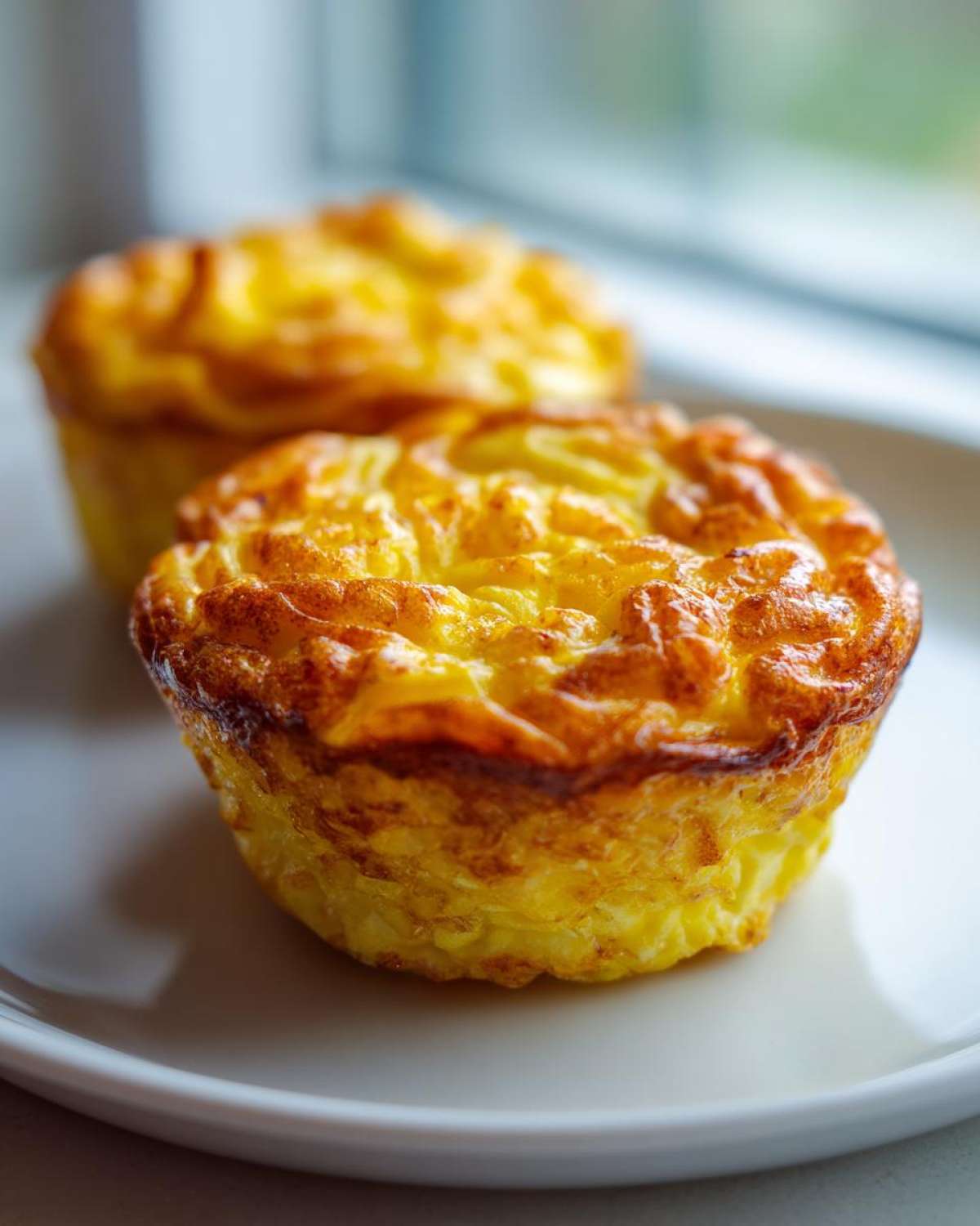 Close-up of two golden brown, fluffy cottage cheese egg cups served on a white plate.