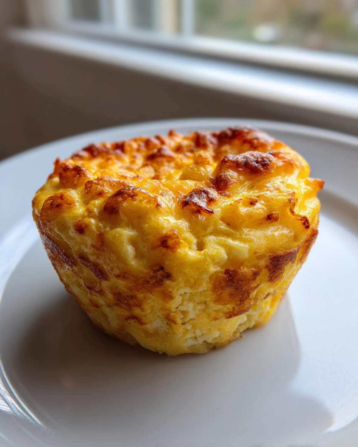 A single, perfectly baked cottage cheese egg cups Starbucks style muffin on a white plate.