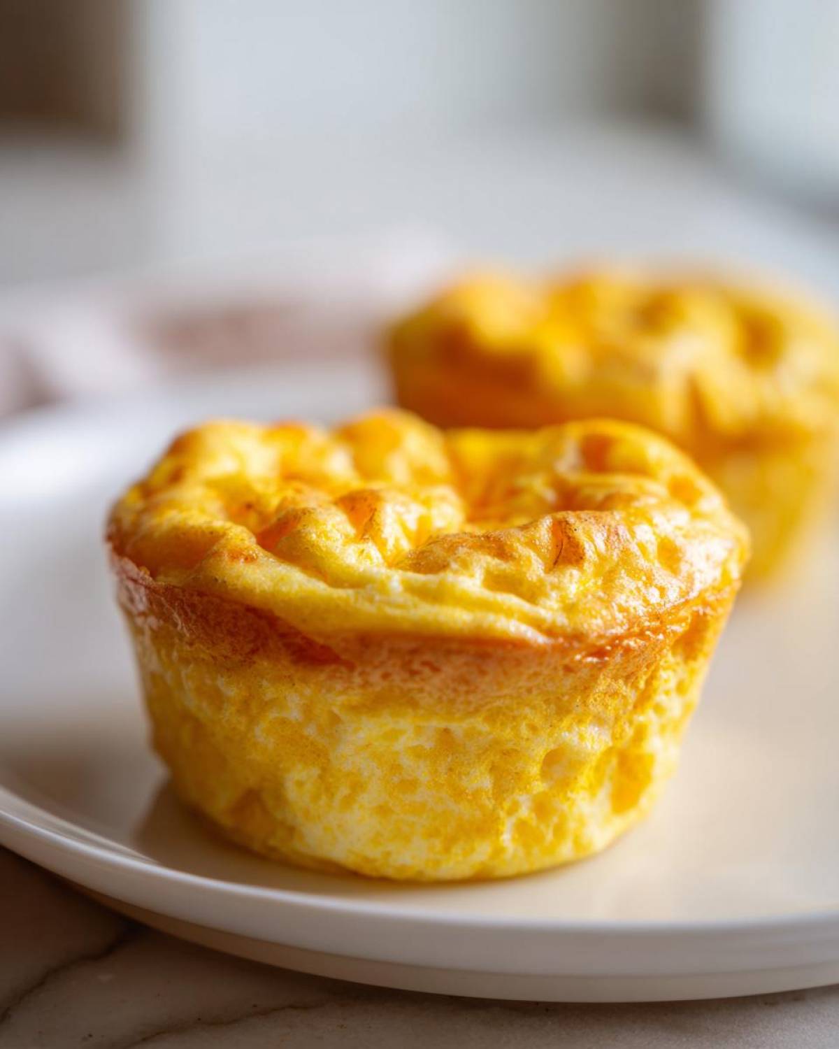 A close-up of a single, fluffy, golden-brown cottage cheese egg cup on a white plate.