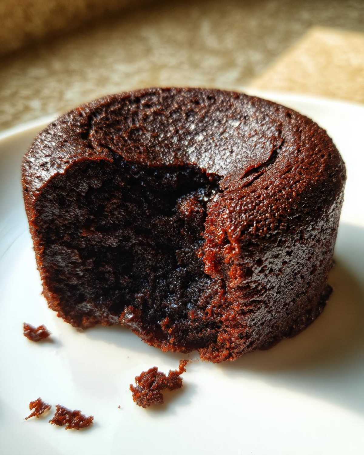 Close-up of a rich, dark chocolate Cottage Cheese Microwave Brownie on a white plate with a piece removed.