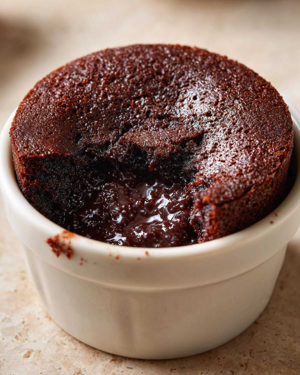 Close-up of a warm Cottage Cheese Microwave Brownie with a molten chocolate center oozing out of a small bite.