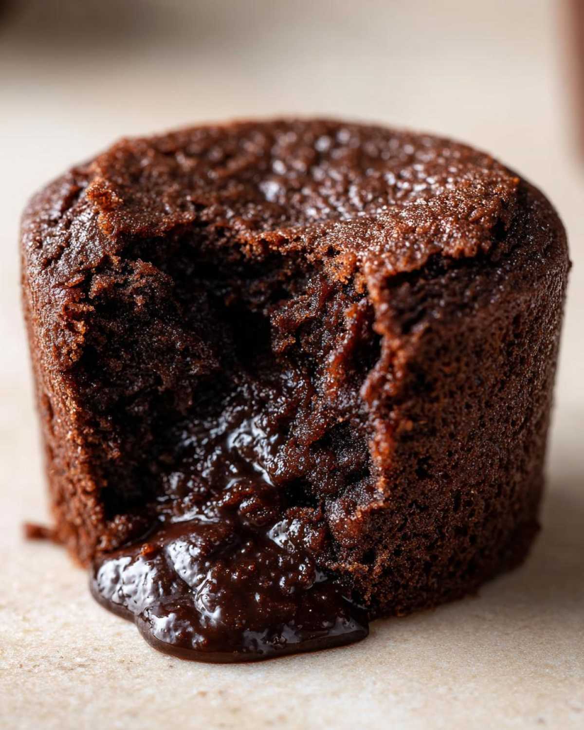Close-up of a warm Cottage Cheese Microwave Brownie with a bite taken out, revealing a molten chocolate lava center.