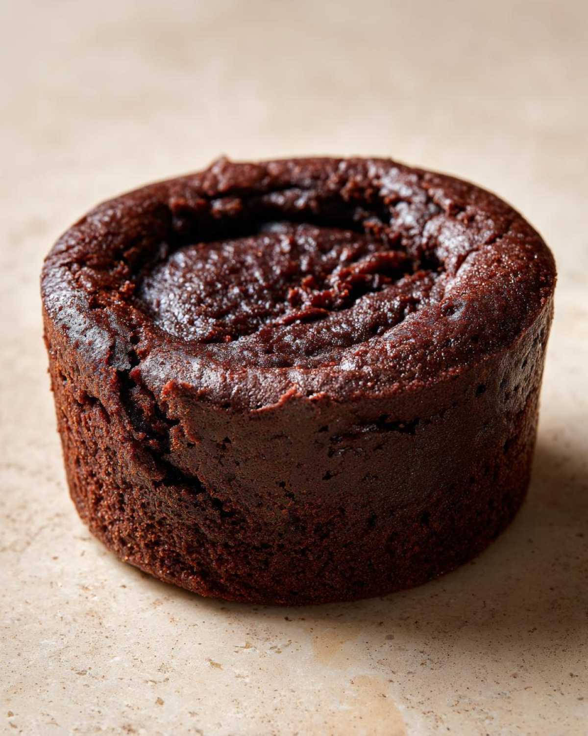 A single, round, dark chocolate Cottage Cheese Microwave Brownie sitting on a light tan surface.