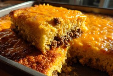 A square slice lifted from a baked cowboy cornbread casserole showing layers of seasoned ground meat and a melted cheddar cheese topping.