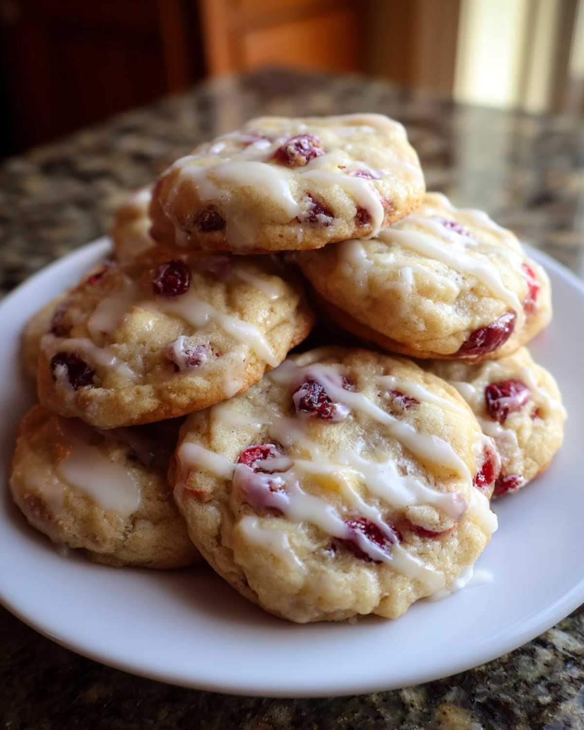 A stack of freshly baked cranberry orange cookies drizzled with a light citrus glaze on a white plate.