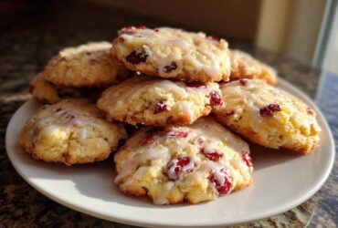 A close-up stack of freshly baked cranberry orange cookies drizzled with white glaze, sitting on a white plate.