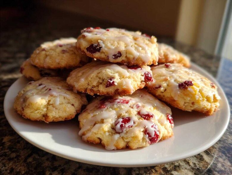 A close-up stack of freshly baked cranberry orange cookies drizzled with white glaze, sitting on a white plate.