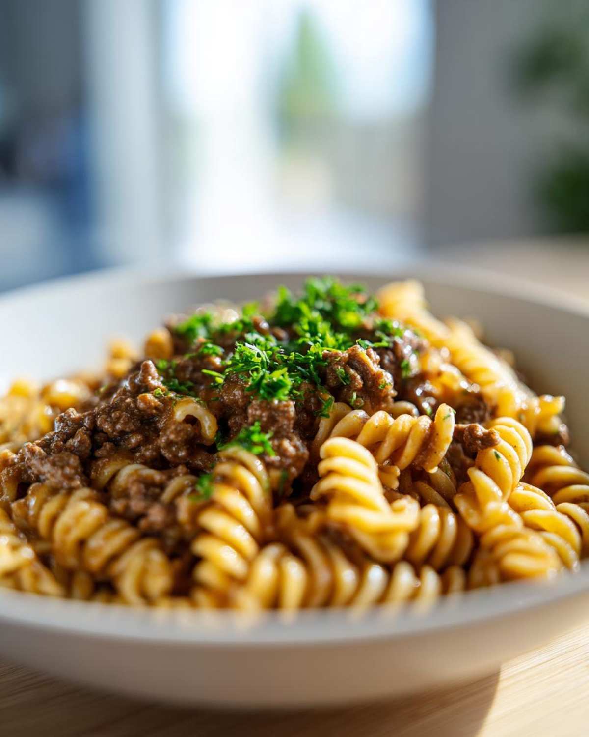 Close-up of a bowl filled with creamy beef pasta (rotini noodles) topped with ground beef sauce and fresh parsley.