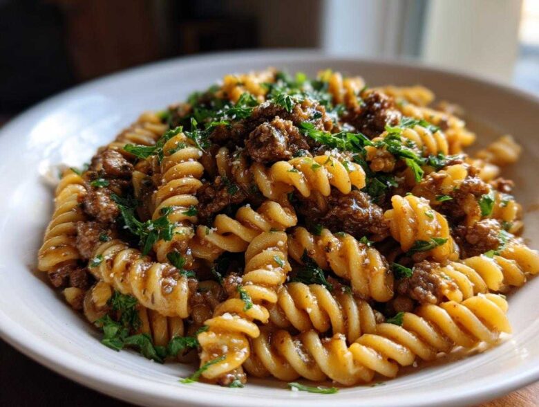 A close-up shot of a bowl of creamy beef pasta made with fusilli noodles and topped with fresh parsley.